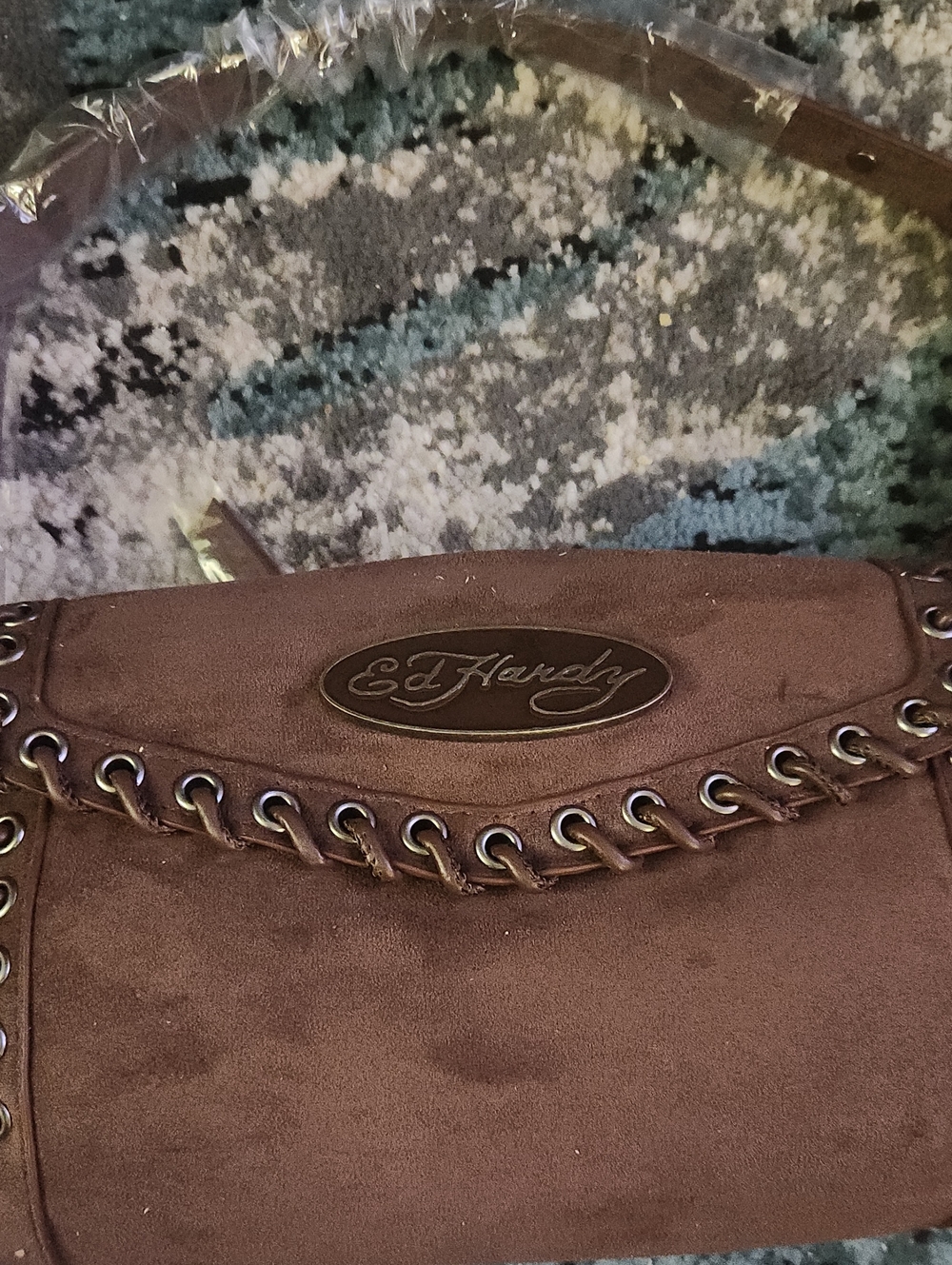 Ed Hardy Taupe Suede Chain-Trim Shoulder Bag - Picture 1 of 7